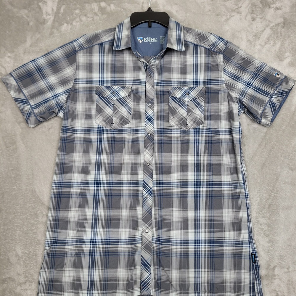 Kuhl Eluxur Men's M Blue Gray Plaid Pearl Short Sleeve Shirt Hiking Outdoors